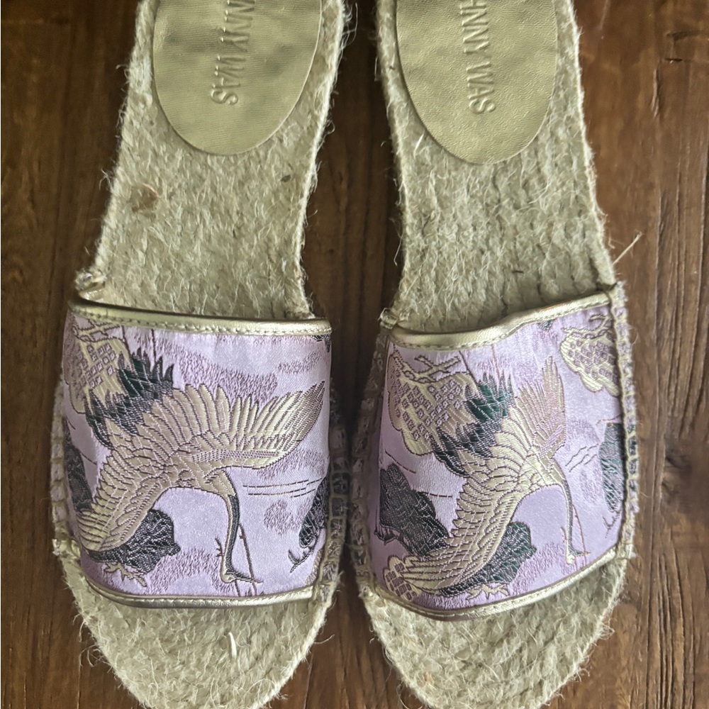 Johnny Was Pink Embroidered Crane Slide Sandals